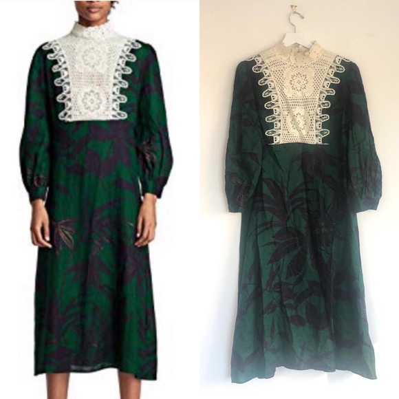 Zara Dresses & Skirts - Zara Long Sleeve Leaf Print Crochet Linen Dress